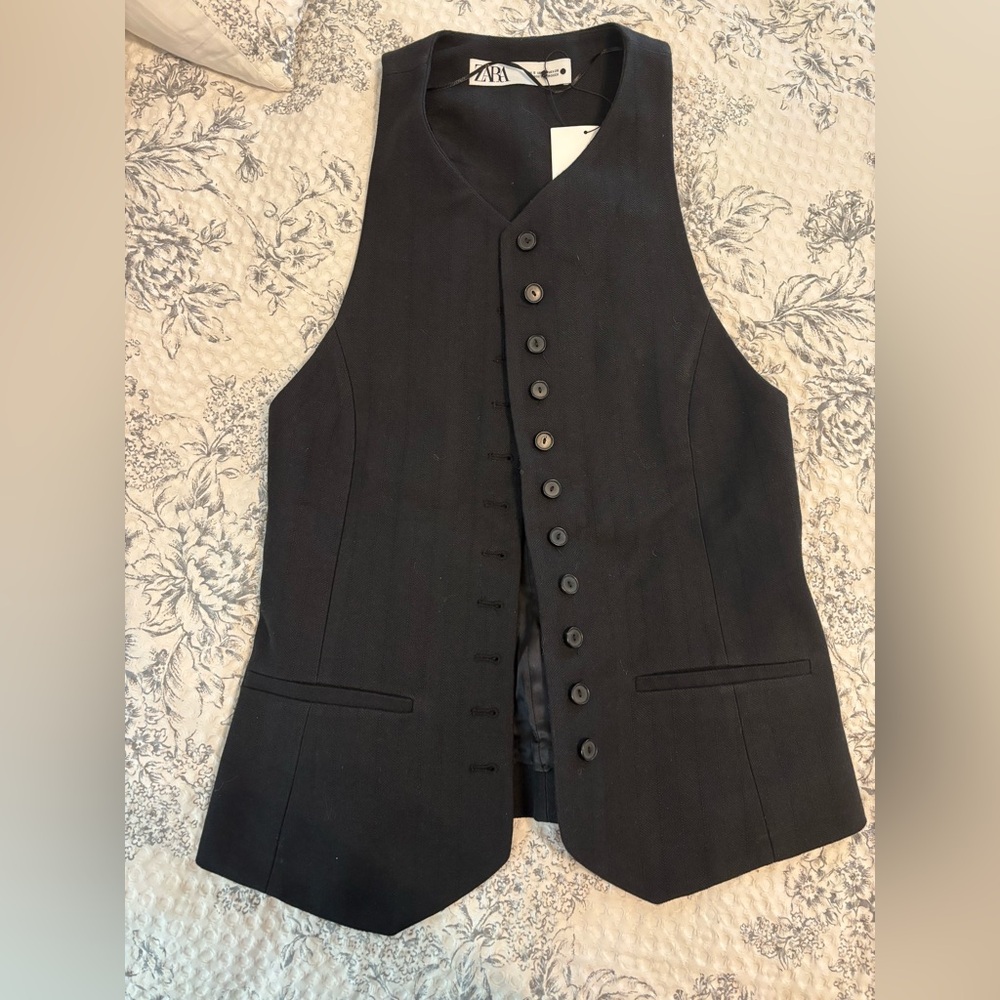 Zara black button front vest size S NWT